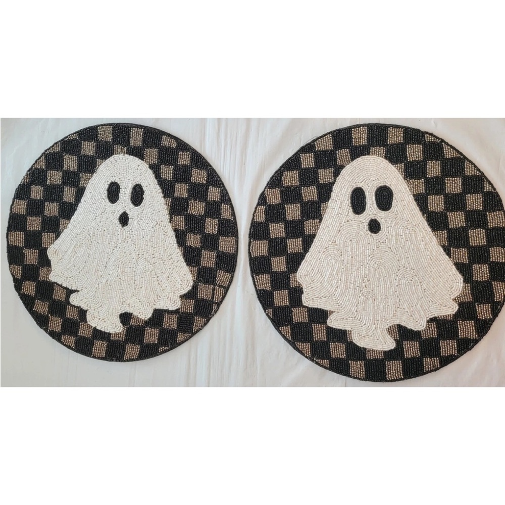 2x Tahari Halloween Ghost Checkered  Beaded Placemat Centerpiece Charger 14”